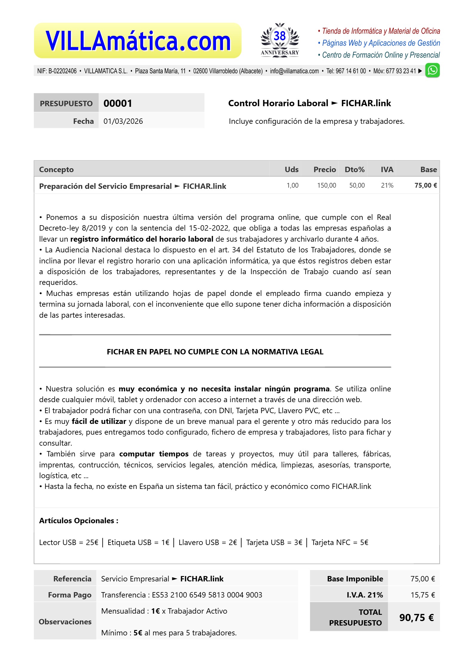 Presupuesto detallado FICHAR.link